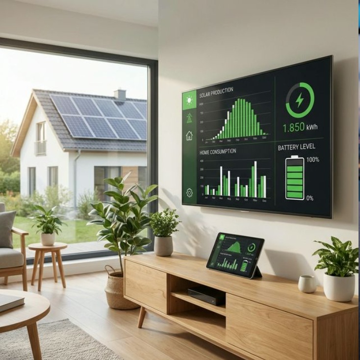 smart home energy management, solar panels integration, eco friendly technology, digital dashboard showing energy stats, green and white data visualization, no people